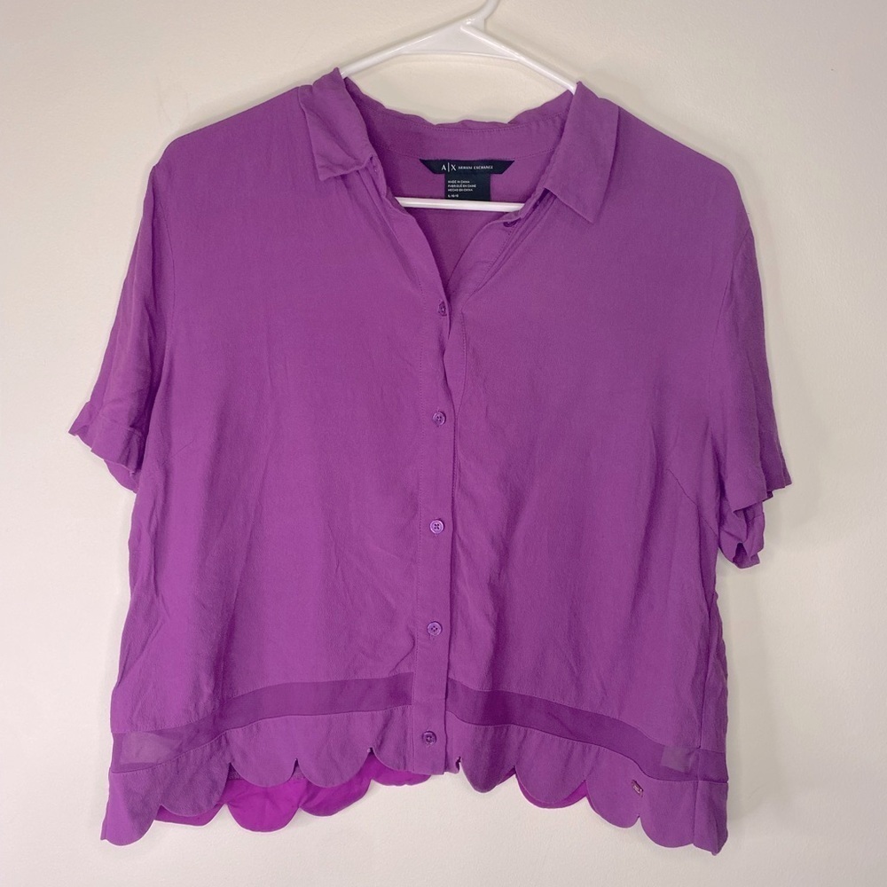 Armani Exchange Purple Short Sleeve Button Down Shirt With Scalloped Edges Large